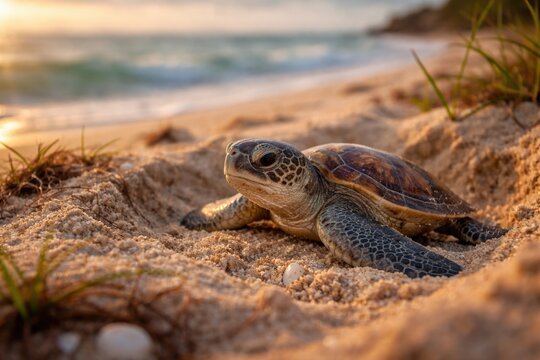 Young marine turtle resting on sandy coastal nesting site