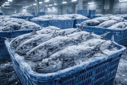 Tuna fish frozen solid in baskets ready for factory sizing and processing steps