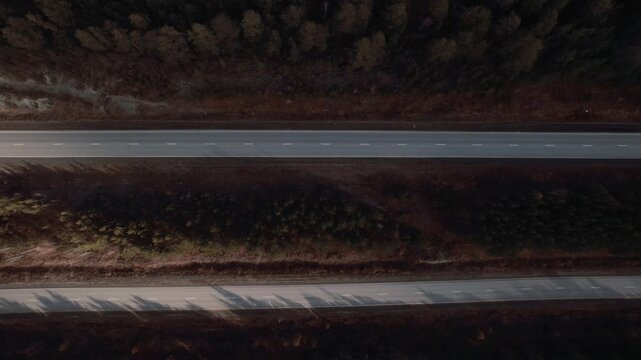 Top down drone footage of a single car traveling along an empty asphalt highway bordered by pine forest and dry vegetation in the Ural region, Russia