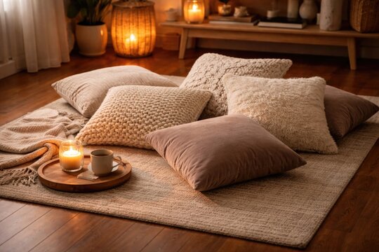 Plush cushions on polished wood flooring under a subtle carpet and glowing light