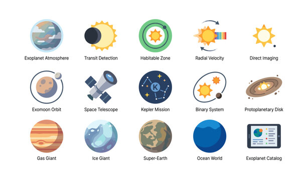 Exoplanet and planetary icons arranged in grid on white background