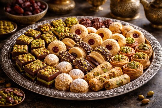 Middle Eastern sweets platter with pistachio chocolate and classic sables