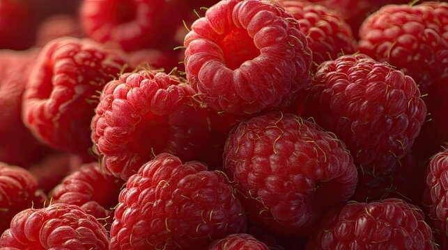 Close up of fresh ripe raspberries vibrant red color textured skin