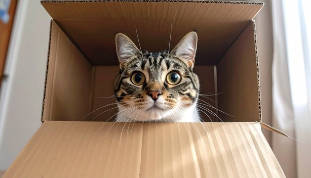 Curious cat peeks out of a cardboard box with wide eyes, in a cozy indoor setting with soft light