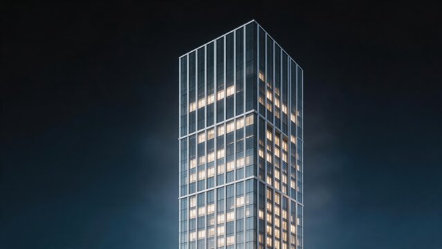 Tall modern glass building at night