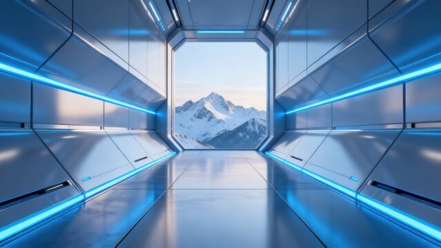 Futuristic corridor with mountain view