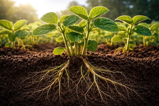 Fresh green roots supporting young soybean plants in a healthy field environment