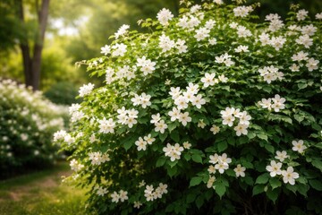 Fototapeta premium Lush green jasmine shrub with white flowers blooming brightly