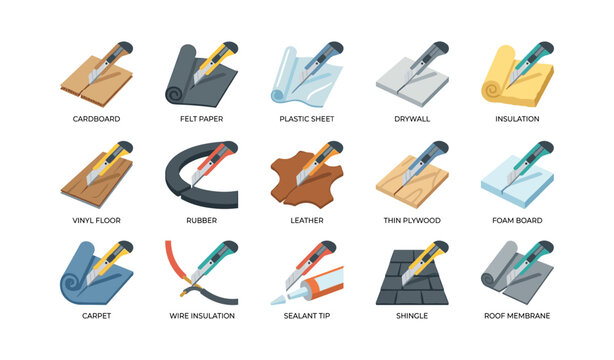 Utility knife icons cutting different construction materials in grid