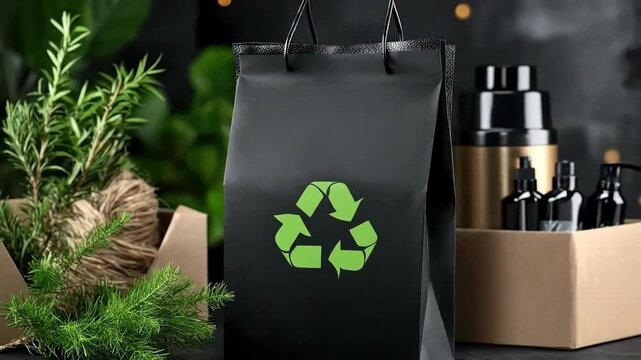 Sustainable bag with recycling symbol, representing ecological commerce, conscious consumerism, natural cosmetic packaging, environmental care, and responsible business practice.