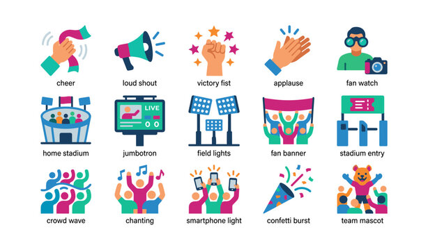 Fan and stadium icon set showing spectator actions in stadium