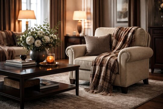 Sophisticated living room setting with a cushioned armchair, a sleek table, and a cozy plaid accent