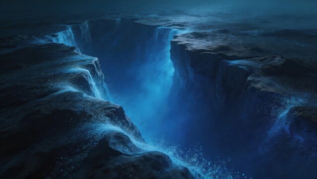 Mystical glowing waterfall in canyon