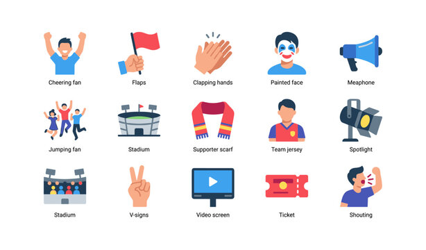 Sports fan icons showing cheering actions and stadium items