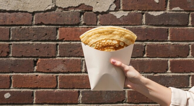 Hand holding golden crepe in paper cone, brick wall backdrop