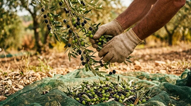 Close-up of traditional manual olive harvesting in a sun-drenched grove, focusing on hands collecting the fruit for oil production.