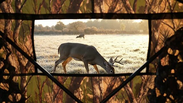 Majestic Deer with Antlers Standing in Frosty Field Viewed Through Camouflage Hunting Blind in Early Morning Light