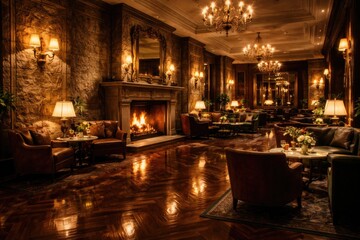 Naklejka premium Grand hotel lounge with reflective parquet floor and textured stone wall illuminated by vintage wall lamps beside a lively roaring fireplace