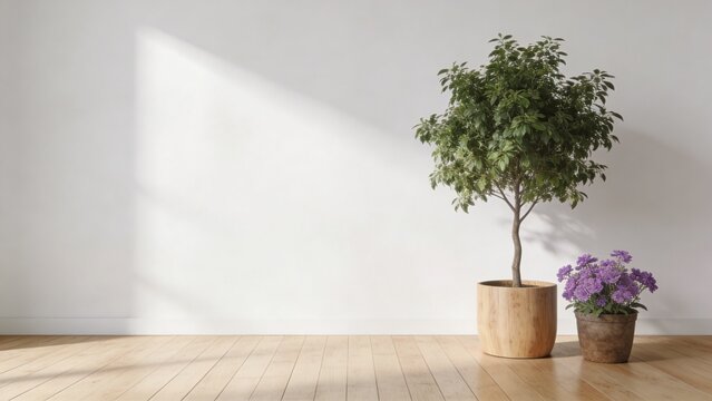 &ldquo;Minimalist interior scene with a light wooden floor and plain white wall background, soft natural daylight coming from the left casting gentle 