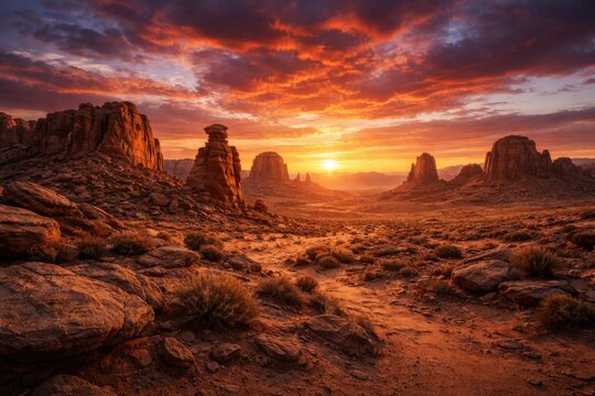 Expansive arid landscape showing remarkable stone features under a vivid sunset sky great for exploration activities