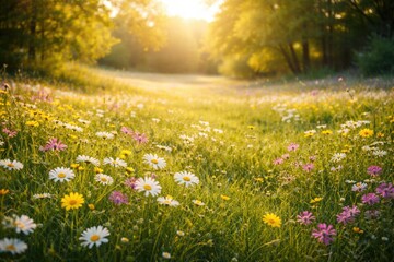 Obraz premium Peaceful meadow showcasing fresh spring blooms illuminated by sunlight ideal for copy space