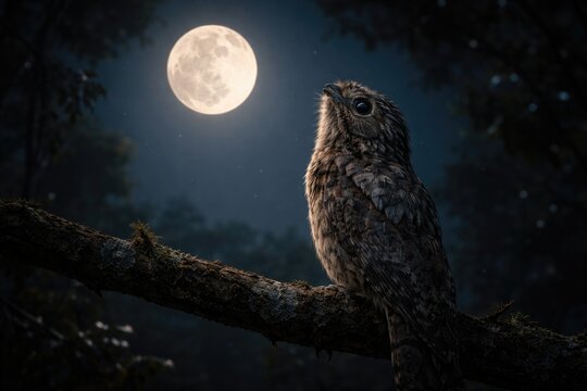 Silent potoo bird watching moon on clear night