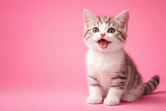 Happy white striped kitty on vivid pink backdrop with copy space