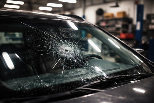Damaged auto windshield with selective focus in indoor repair space