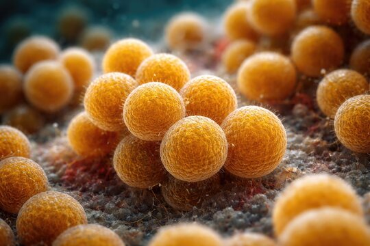 Close-up microscopic visualization of Staphylococcus aureus bacteria revealing their typical round shape and pigmentation