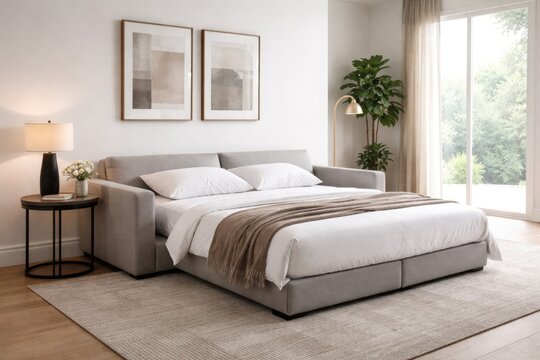 Sophisticated modern room with a foldout sleeper sofa placed next to a smooth white wall for guest comfort