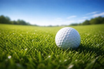 Obraz premium Golf ball resting on rich green grass with a brilliant blue sky showcasing golf enthusiasm for event visuals