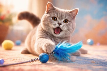 Energetic British Shorthair cat playing with vibrant blue toy on blended peach and pale blue scene