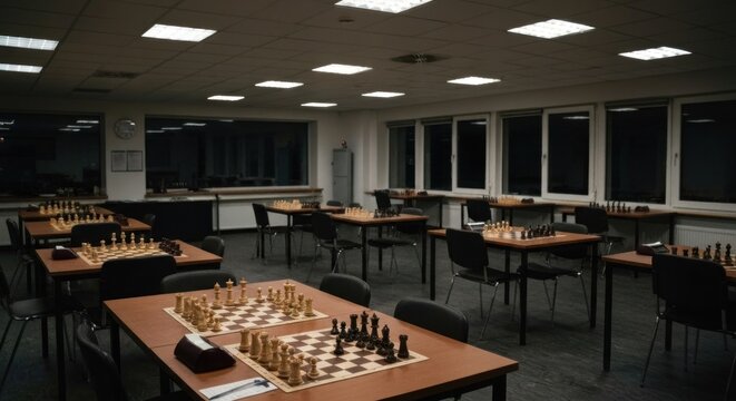Interior view of chess room; chessboards set up on tables, dimly lit