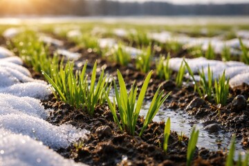 Fototapeta premium Spring sprouting of winter cereals featuring early grain development and snow melt