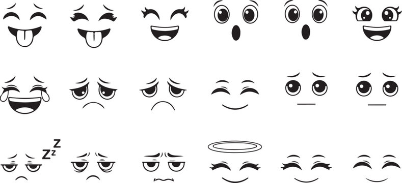 Collection of various emoji facial expressions showing different moods and feelings in linear style