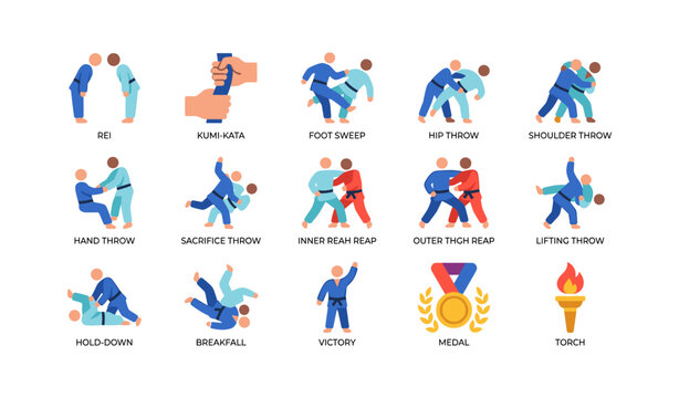 Judo technique icons showing throws grips and competition symbols