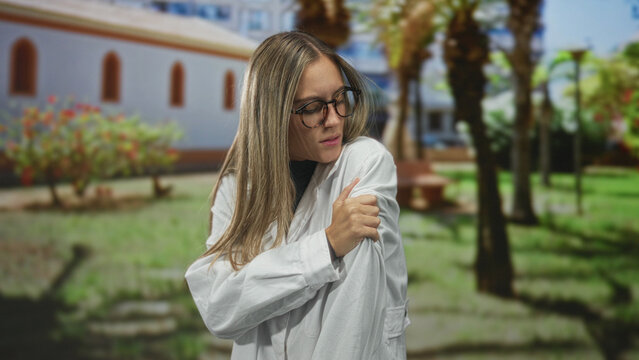 Young woman wearing white coat holding her upper arm and closing her eyes in a sunlit courtyard; discomfort.