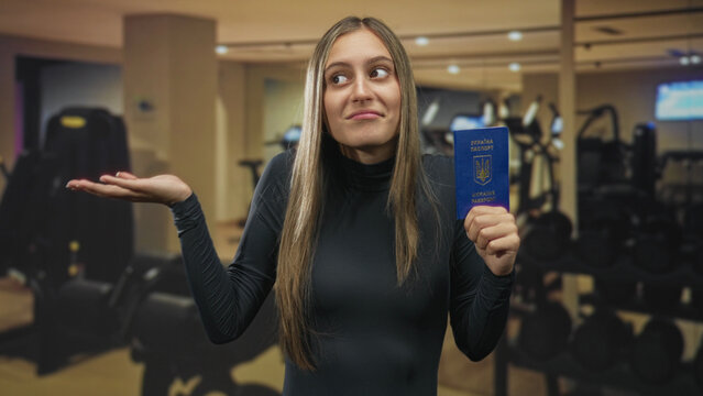 Woman holding blue ukrainian passport and shrugging with an open palm in a gym building near weight racks and machines; uncertainty identity travel.