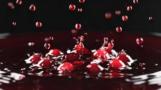 Vibrant red liquid droplets rapidly splash and bounce, creating energetic dynamic abstract pattern. Pure juice refreshment, delicious berry fruit, captivating visual experience. Fresh berries create
