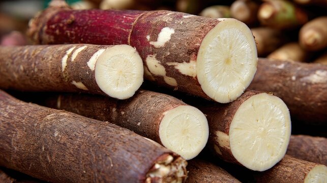 Close up of freshly cut cassava root tubers ready for market or food preparation