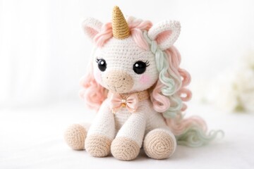 Fototapeta premium Soft white unicorn crochet doll with animal theme on bright white background