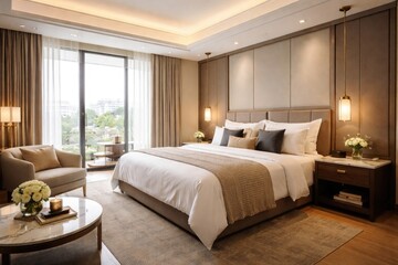 Fototapeta premium Well lit hotel room showcasing a large double bed and stylish interior