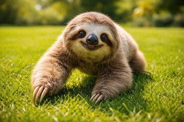 Fototapeta premium Joyful pet sloth climbing on vibrant green grass lawn during sunny summer full length view