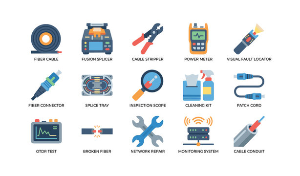 Fiber optic tools and equipment icons arranged on white background