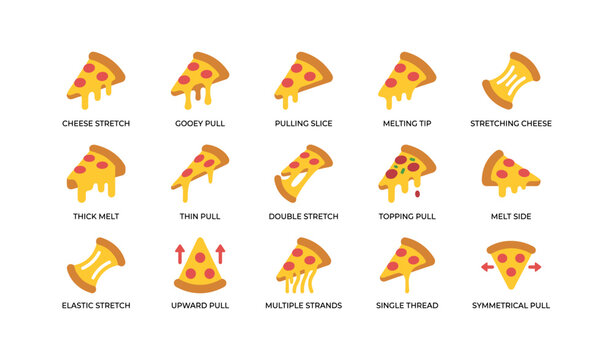 Pizza icons showing cheese stretch variations on white