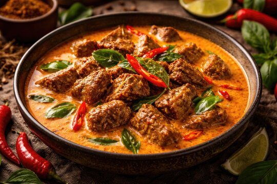 Savory coconut milk Thai curry with beef chunks and fragrant Panaeng seasoning