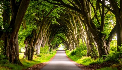 Fototapeta premium Road stretches through trees, whose leafy branches meet overhead, creating a natural tunnel