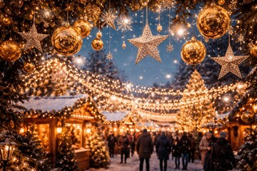 Fototapeta premium Seasonal fair celebration decorated with sparkling golden baubles and silver stars for a magical winter holiday