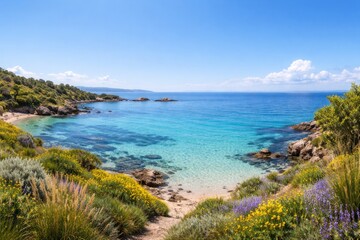 Fototapeta premium Overhead panorama of tranquil coastal waters surrounded by thriving plant life and text space