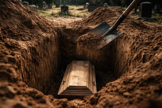 Shovel made excavation for coffin burial in sandy cemetery